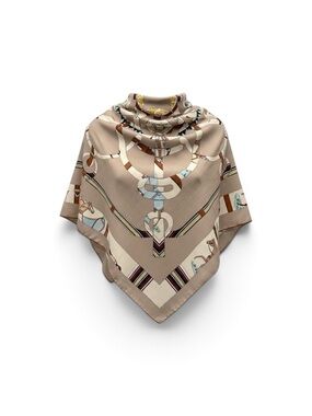 Neutral Beige Printed Silk & Cashmere Scarf with Equestrian Motif